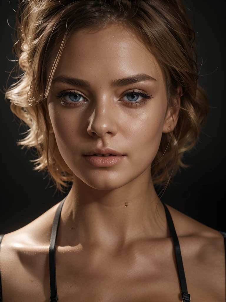 a blonde woman wearing sexy lingerie with shoulder strap and harness, bra and thong, beautiful detailed eyes, beautiful detailed lips, extremely detailed eyes and face, long eyelashes, photorealistic, 8k, high quality, hyper detailed, studio lighting, professional, realistic skin, complex folds and wrinkles, intricate details, dramatic lighting, cinematic composition, dramatic contrast, rich colors, glowing skin, volumetric lighting, elegant pose