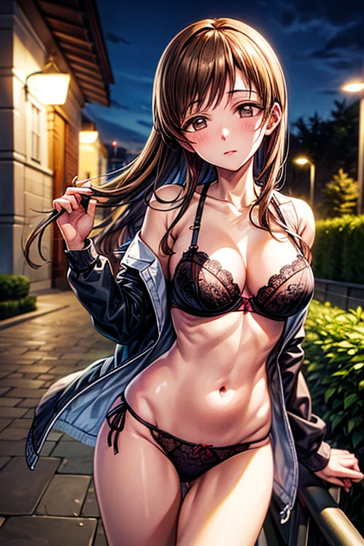 masterpiece, Highest quality, Expressionless, 1 girl, Official Art、((garden、Dark Night、Street lamp lighting))、Are standing、Change of clothes、ribbon、Open shirt、Black panties((Brown Hair)) ((lacy black bra)) Big Breasts avert your eyes、Nitta Minami