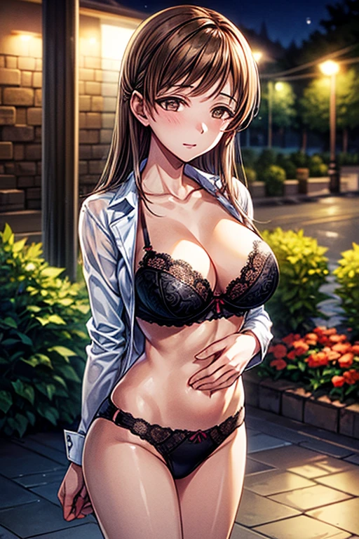 masterpiece, Highest quality, Expressionless, 1 girl, Official Art、((garden、Dark Night、Street lamp lighting))、Are standing、Change of clothes、ribbon、Open shirt、Black panties((Brown Hair))　　((lacy black bra))　Big Breasts　avert your eyes、Nitta Minami