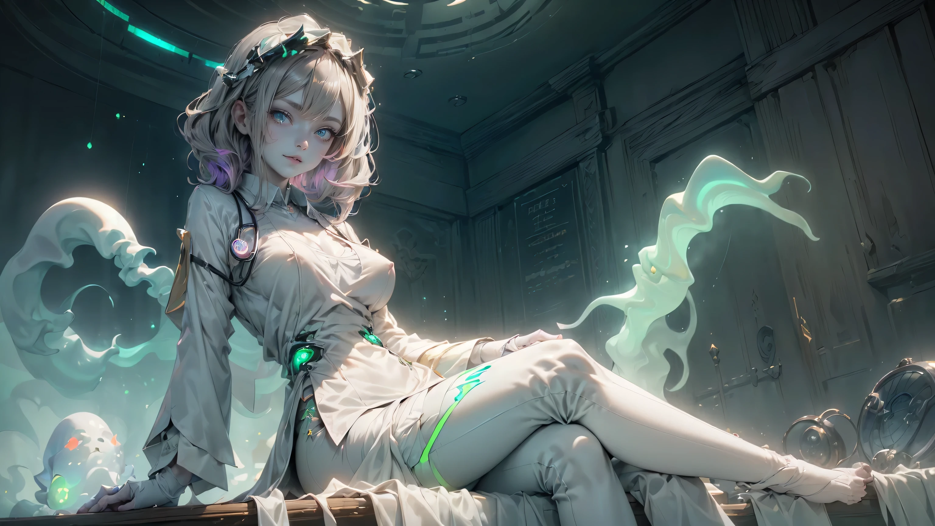 (ghosty:1.85) (doctor:1.5) (nurse:0.65) girl, (white doctor coat:1.4), (spirit, spiritual:1.2), 1girl, perfect and well designed glowing shiny eyes, (beautiful detailed eyes:1.05), natural medium breasts, slim body, beautiful and delicate cute face, (face detail), ((realistic face)), pores, ((pale grey skin)), detailed skin, realistic skin, (((bioluminescence))), ((shiny skin)), (multicolored gradation skin), (monster girl:1.25), human face, medium length hair, hair voluminous, (((((multicolored gradation hair))))), (dark-haired:1.75), super high resolution, 8k, parameters Best quality, (masterpiece:1.4), (magic accessories:1.4), bracelets, extremely detailed thick tight ((white:1.5), (green:1.2), (pink:0.5)) (medical uniform:1.5), (shirt:1.7), (pants:1.3), (standing nipples under cloth:1.3), (cameltoe:1.5), (neckline:1.3), (cleavage:1.4), (decolette:1.5), Young Girl, Little Beast, (Smile:0.9), (pale Skin:1.85), ultra detailed, photorealistic, ((Real image)), (best quality:1.4), super high resolution, (Realistic 2.0), More details, (((1girl))), {(medical ward:1.2)|(doctor office:1.2)}, (beautiful and aesthetic:1.2), (fractal art:1.4), (cinematic light:1.1), (DUTCH ANGLE:1.2), full body, 16K, HDR, RTX, Ray Tracing, Radiosity, Anisotropic Filtering, Subsurface Scattering, (((magic lights))), metallic reflections, Detailed, Realistic, 4k highly detailed digital art, (cool_color), extremely detailed CG unity 8k wallpaper, vibrant colors, (seductive sitting pose:1.6)