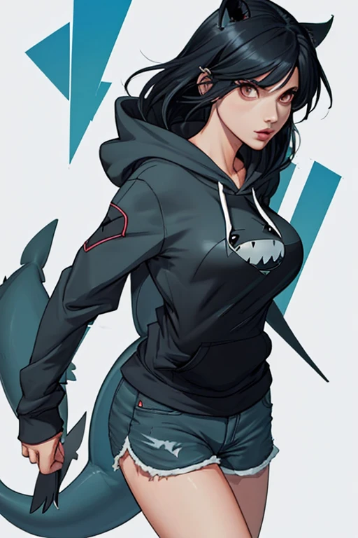 Shark tail woman、Long Breasts、Big Breasts、Black Hair、Shortcuts、hoodie、Shorts
