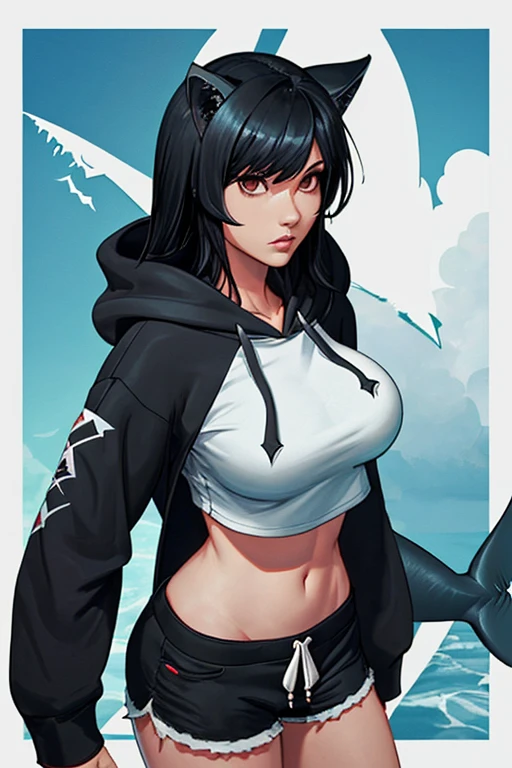 Shark tail woman、Long Breasts、Big Breasts、Black Hair、Shortcuts、hoodie、Shorts