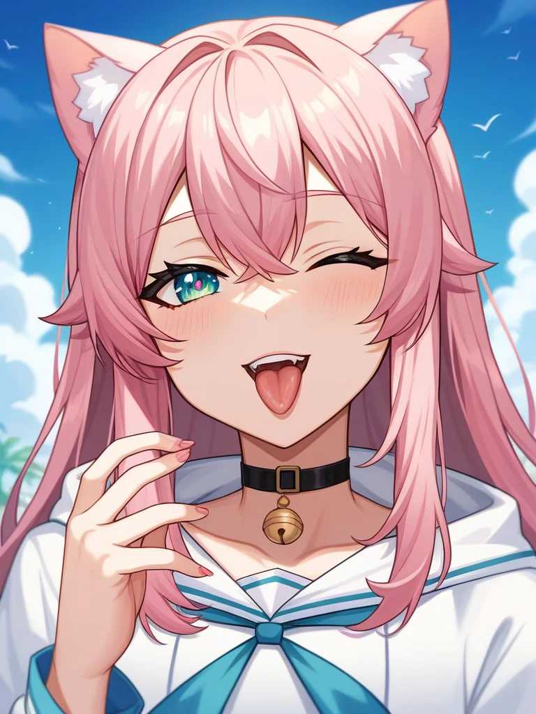 Adult, Female, long pink hair, oceanic eyes, winking, tongue out, vtuber, otaku bedroom, Masterpiece, Accurate, Anatomically Correct, Best Quality, High Details, Detail, Super Detailed, Best detail, Perfect detail, Amazing detail, [-3, 3], perfect fingers, perfect body, best body, amazing body, Looking at viewer, front facing, upper body shot, Cat Ears, Close-Up, 