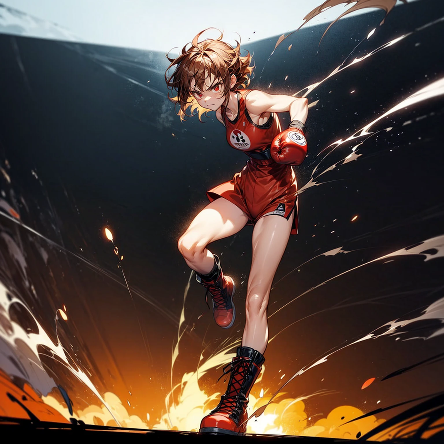 1girl, Full body version, 1character, red eyes, short Curly haircut, brown color hair, boxing style outfit, Boots, Grassroots, full background in ring boxing, motion blur, light, (Hunter x Hunter style art), standing gesture, Boxing gloves, smoke effect, fire effect on background, fire effect, lighting effect, low angle view, big muscle, angry, angry eyes, angry mouth