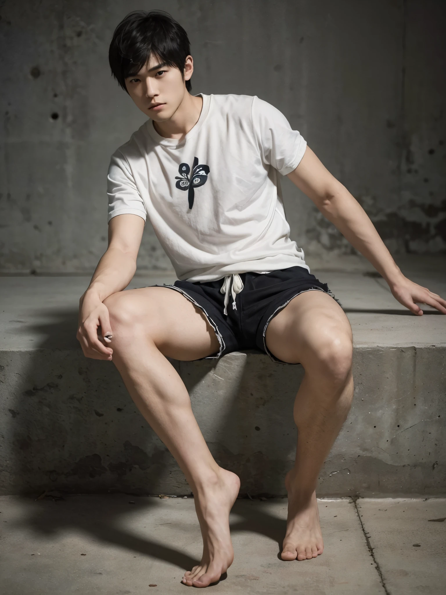 
(super sharp focus), (Hairy legs), (((full body))), Japanese man, twenty years old, very short hair, Black Hair, Wearing shorts, sitting, Muscular young high school student, Animated Art Wallpapers, Beautiful illustrations with a delicate touch