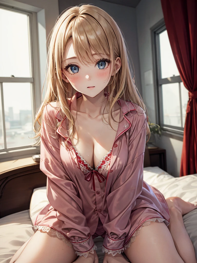 (High Quality, 8 K, 4K, High Contrast, Masterpiece: 1.2, Highest Quality, Best Aesthetics), 1 female, (real skin texture: 1.3), (film grain: 1.3), lovely sweet beautiful girl, solo, blonde hair, delicate beautiful face, lying on the bed, wearing red silk pajamas, pajamas smooth, warm colors, there is a refreshing touch. (Top Down Aerial), Masterpieces, Masterpieces by Masters, High Quality and High Resolution. A girl with beautiful delicate eyes and face, of the highest quality, sat on the edge of the bed, dressed in red lace-up pajamas, silk pajamas, delicate collarbones, and a medium sized chest.