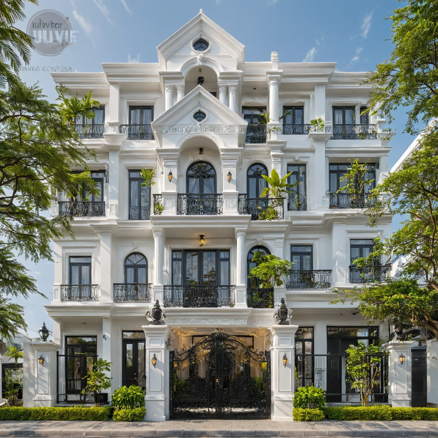neo classical villa on street, (daylight), tropical tree, vivid colour, streetcapes, white tone, black detail, white wall, large glass door, warm interior lighting, best quality, masterpiece, ultra realistic