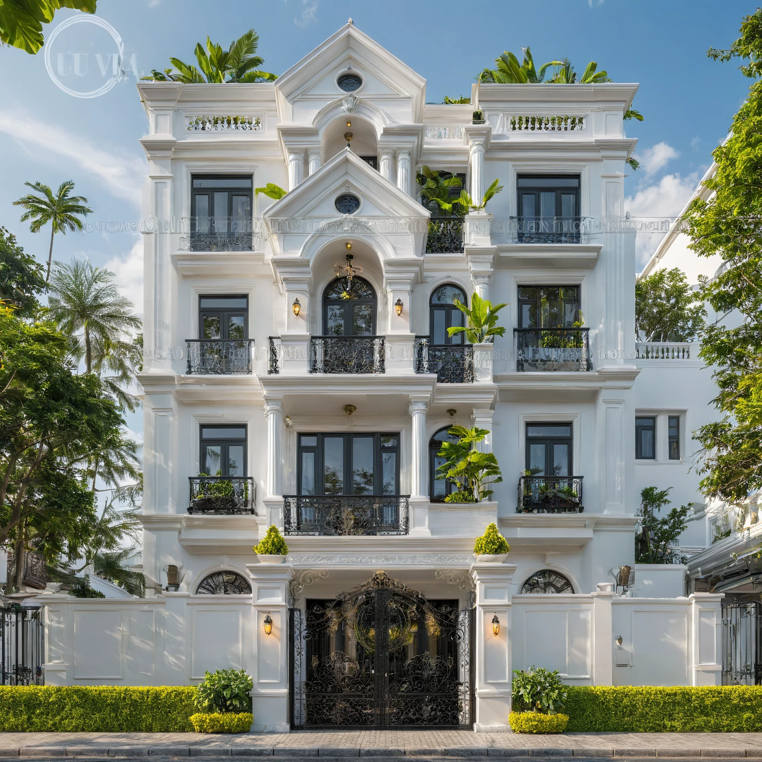 neo classical villa on street, (daylight), tropical tree, vivid colour, streetcapes, white tone, black detail, white wall, large glass door, warm interior lighting, best quality, masterpiece, ultra realistic