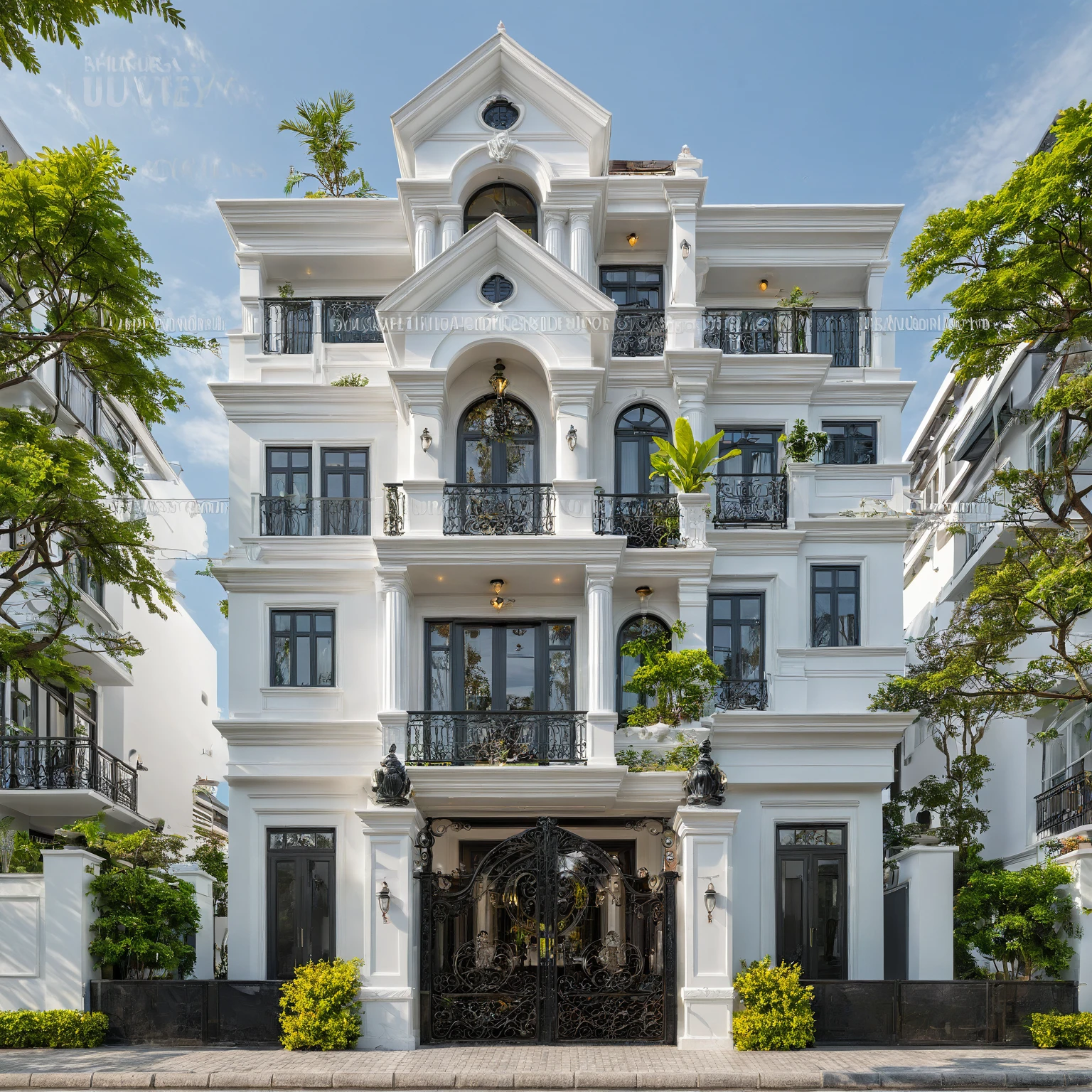neo classical villa on street, (daylight), tropical tree, vivid colour, streetcapes, white tone, black detail, white wall, large glass door, warm interior lighting, best quality, masterpiece, ultra realistic