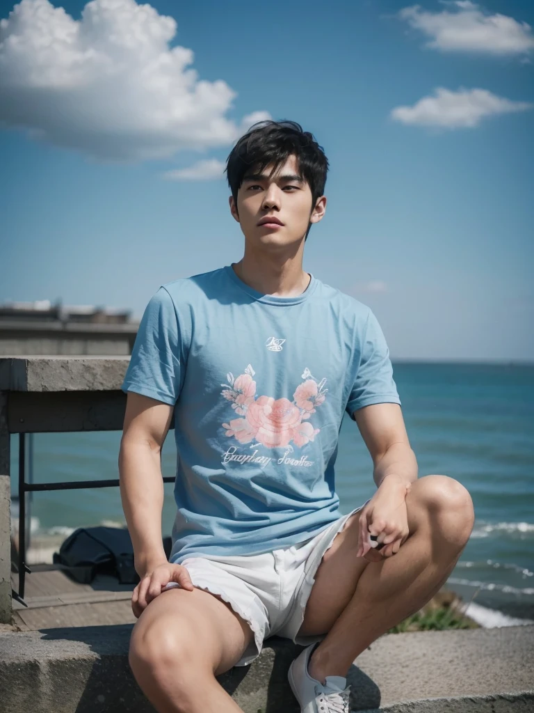 (super sharp focus), (Hairy legs), (((full body))), Japanese man, twenty years old, very short hair, Black Hair, Wearing shorts, sitting, Drawing of a muscular young man, The young man is a high school student with long bangs., Showing off her huge muscular round ass, Inspired by Cyril Rolland, Animation Art Wallpaper 4K, Sky blue and peach gradation. Seagulls are flying. Beautiful illustrations with a delicate touch.