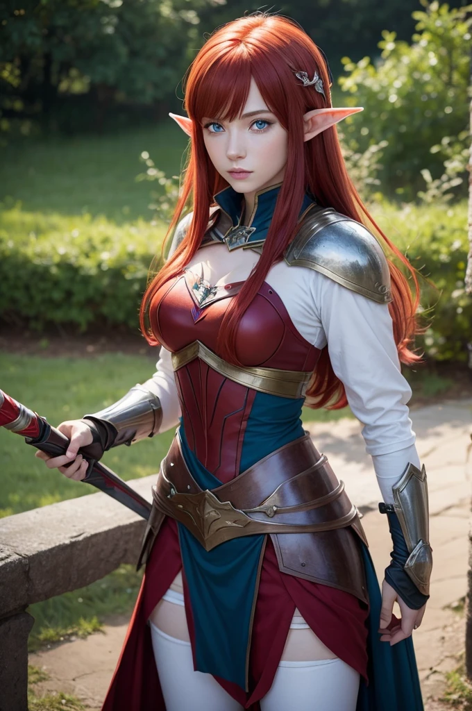 A half elf, Red-Haired, with light blue eyes, knightgirl