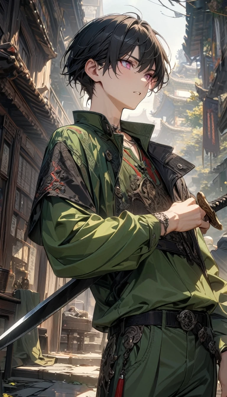young guy, long black hair, pink eyes, green Chinese shirt, long sleevee, green Chinese pants, daggers, Masterpiece, best quality, Full HD, 8k, ultra details, great graphic