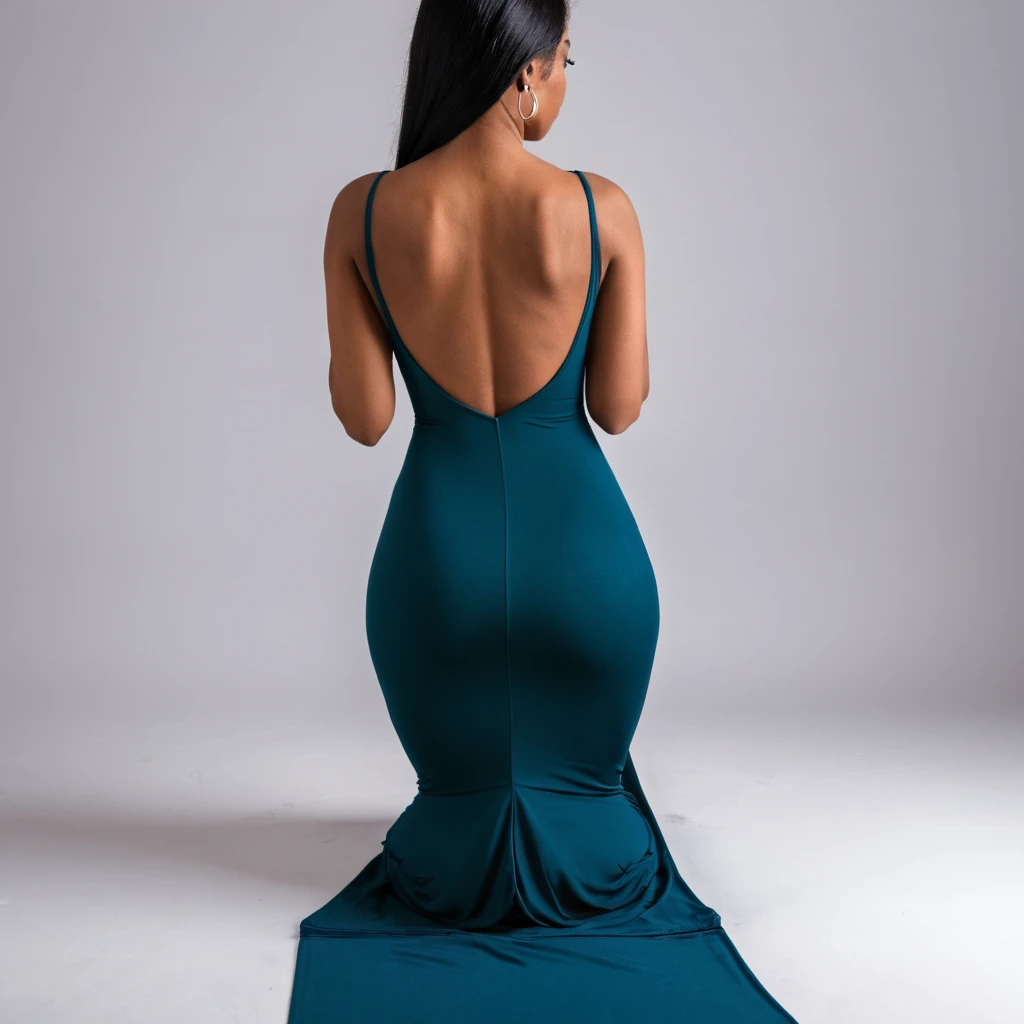  woman praying on her knees and hands in a maxi bodycon dress, rear view angle 