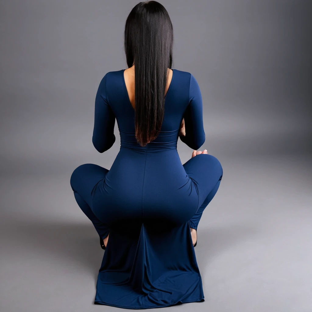 woman praying on her knees and hands in a maxi bodycon dress, rear view angle