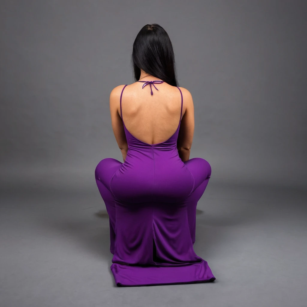 woman praying on her knees and hands in a maxi bodycon dress, rear view angle