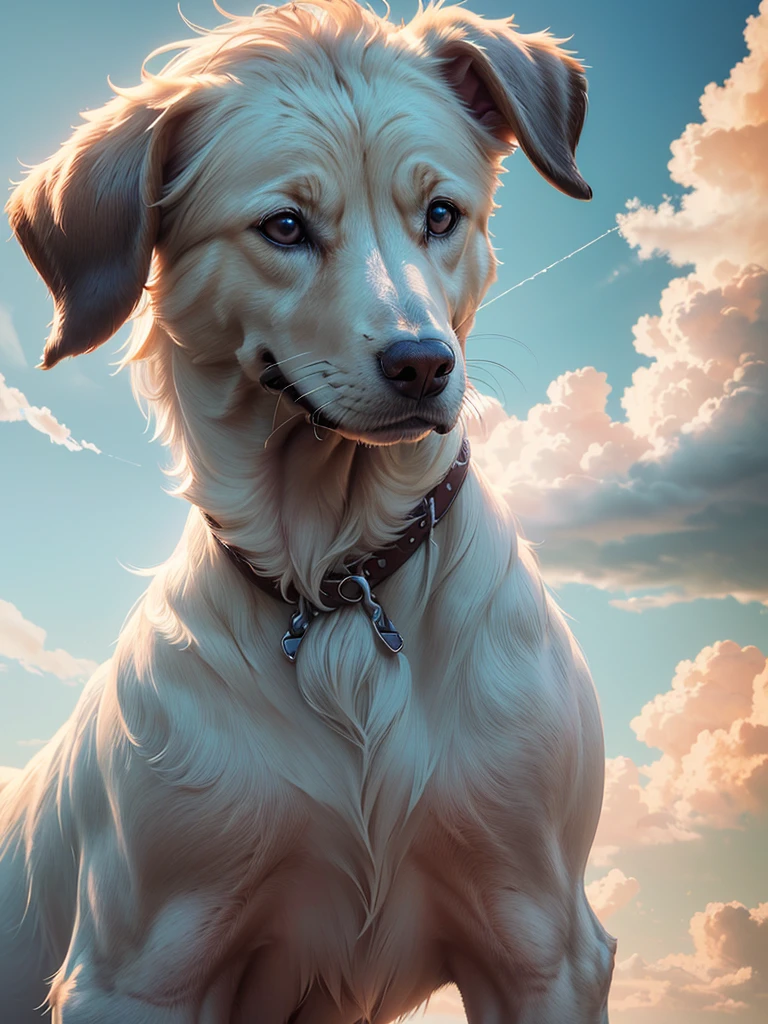 (a beautiful detailed sky with clouds:1.5), a dog floating in the sky, (detailed realistic sky1.4), fluffy clouds, serene atmosphere, peaceful setting, (best quality,8k,highres,masterpiece:1.2),ultra-detailed,(realistic,photorealistic,photo-realistic:1.37),landscape,vibrant colors,dramatic lighting,cinematic composition,ethereal,whimsical,dreamy