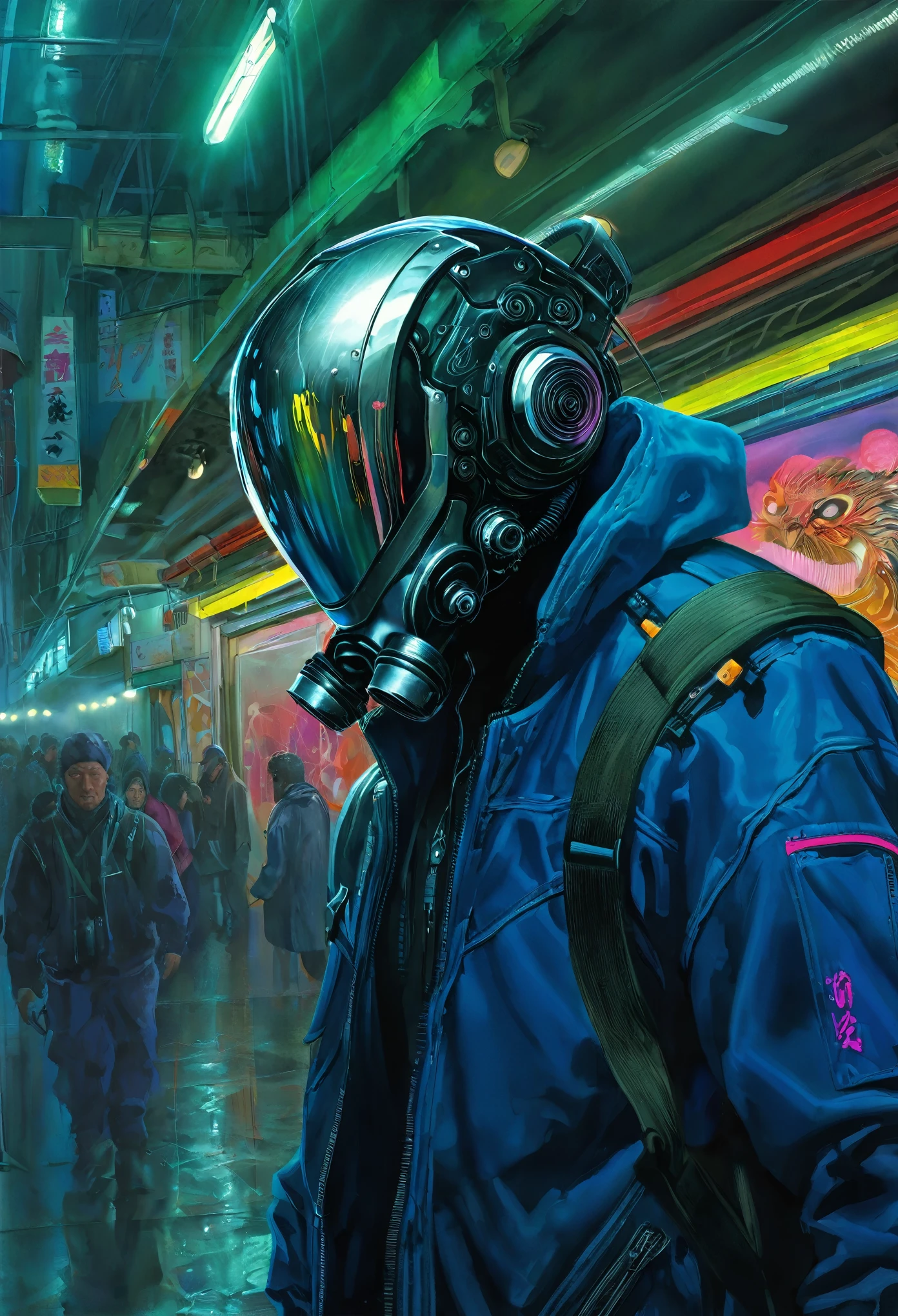 1 man, helmet cyberpunk, mask, full body portrait, complicated painting with fine lines, Realism with a Touch of Emotion: Inoue's illustrations showcase a meticulous attention to detail, characters to life with realistic proportions and anatomical accuracy, simply aim for photorealism; instead, art with emotional depth, capturing the essence of his characters through their expressions and gestures.complicated details, very detailed,