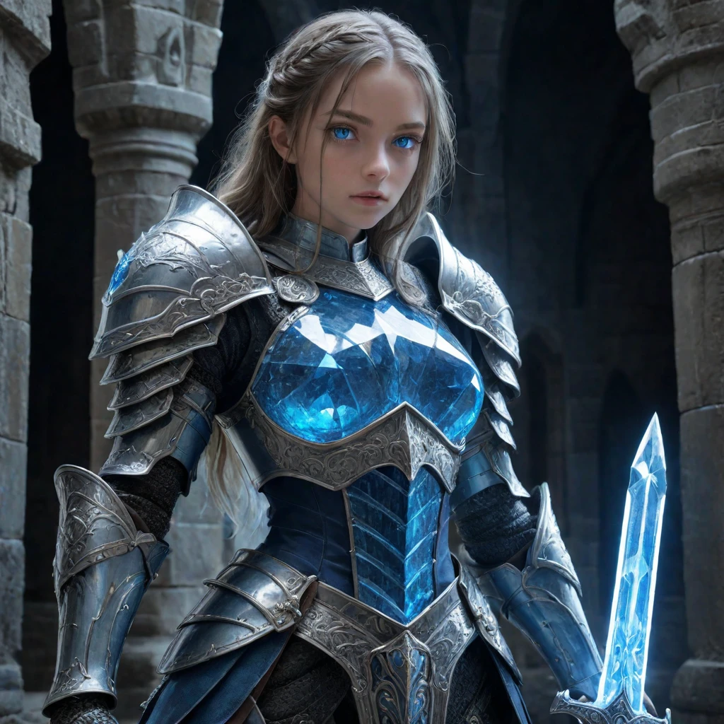 amazing quality,masterpiece,best quality,hyper detailed,ultra detailed,UHD,perfect anatomy,(in castle:1.2),
girl knight in blue crystal armor and detailed blue glowing eyes holding oversized magic blue crystal greatsword with thick edge,dazzling,transparent,polishing,eye contact to viewer,
extremely detailed,thin,various positions,