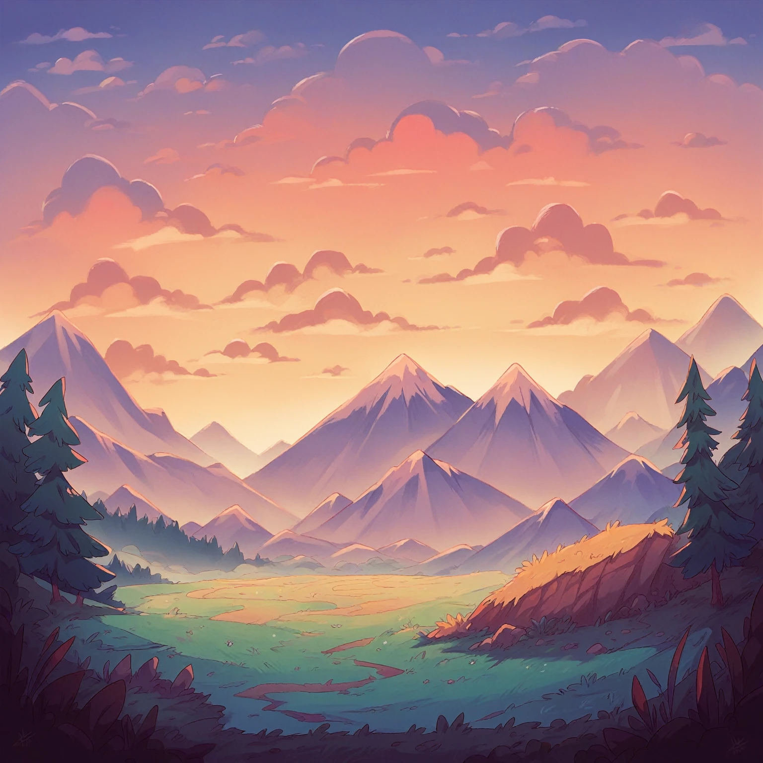A beautiful sunset over a mountain surrounded by a forest and a field 