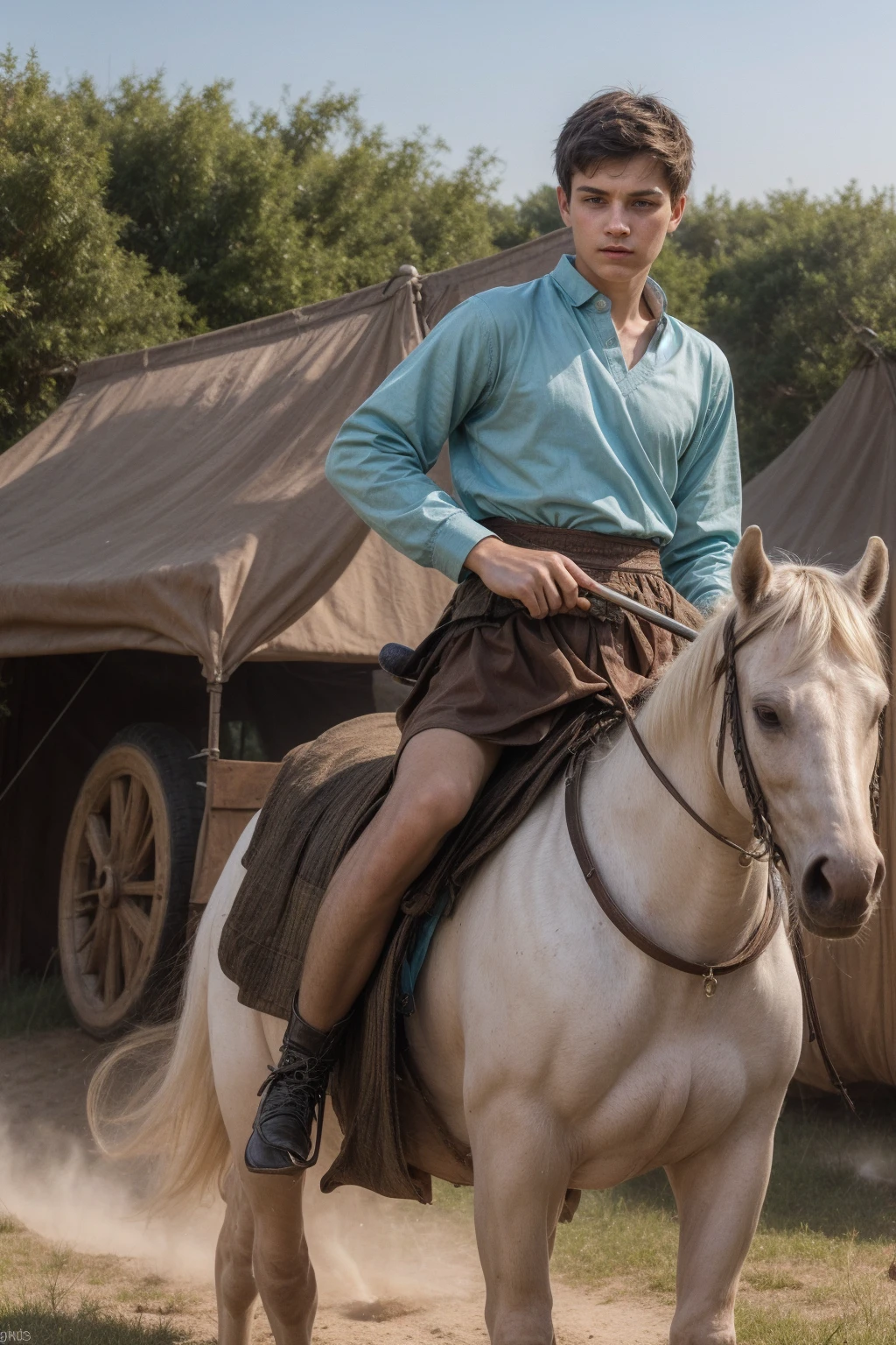 A cute 18-year-old twink male young man with makeup and black hair, wearing a medieval shirt with ties, a v-neck and long sleeves, the color aquamarine, and white medieval pants. He is on the battlefield, riding on a horse, as if the horse is galloping.  He carries his sword and shield in his hand, and behind him are tents with a burning fire, and he looks angrily