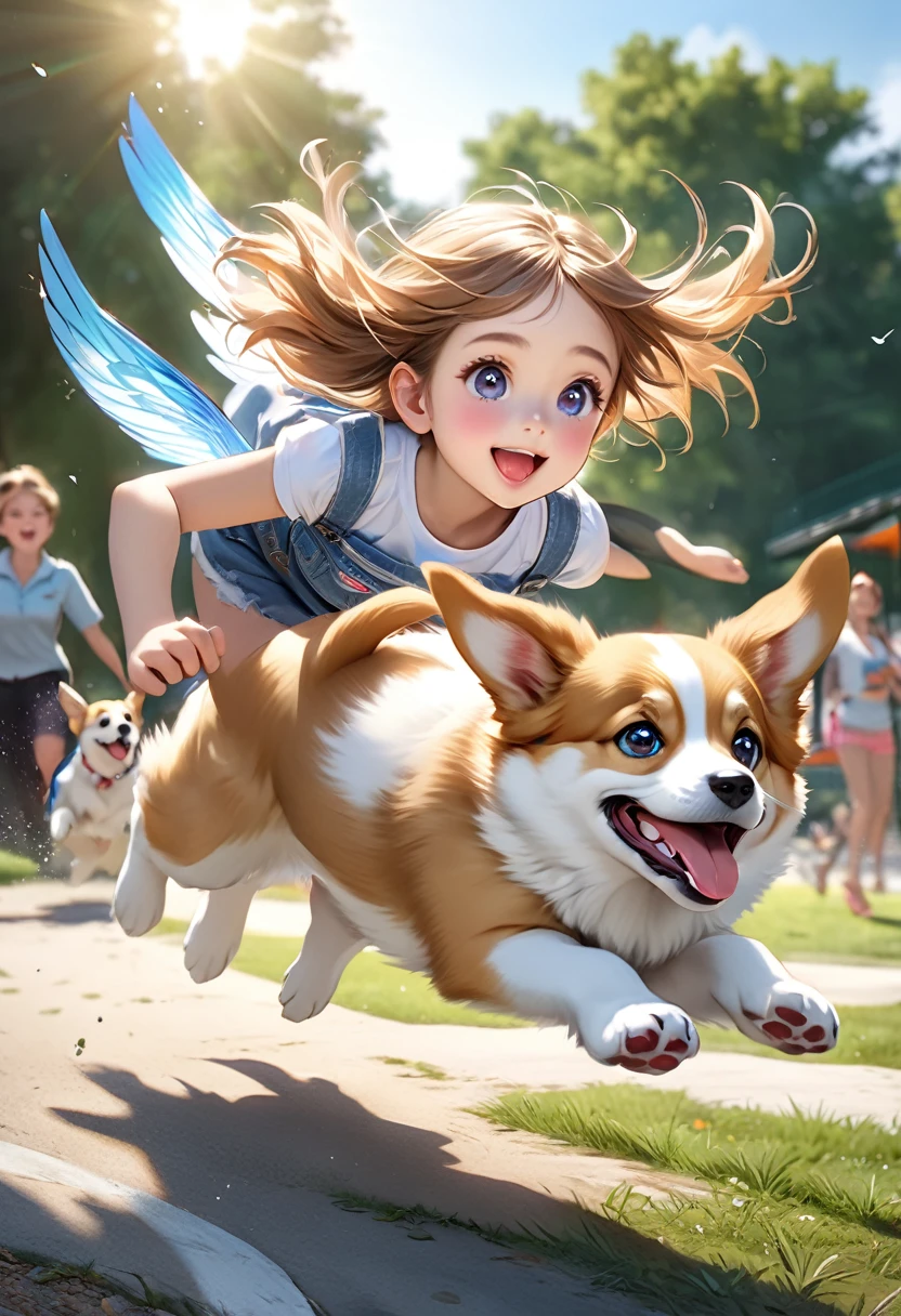 Puppy and cute girl, cute Welsh Corgi puppy, puppy dynamically flying high towards the girl at the dog park, beautiful and stunning flight form, fun and happy expression, bright eyes, sparkling pupils, detailed face, detailed eyes, detailed lips, highly detailed, photorealistic, 8K, masterpiece, ultra-realistic, photorealistic:1.37, HDR, UHD, highres, beautiful fur textures, playful expressions, vibrant colors, natural light, depth of field, action shots