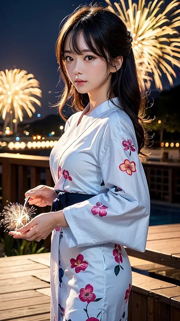 masterpiece, Highest quality, 8k、Detailed face、Beautiful woman、firework、yukata