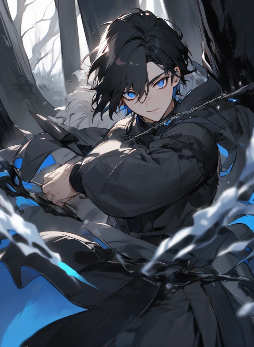 young man ,Male Dark, dark Woods, cold black colors, white eye, monk dnd, man black hair with blue eye