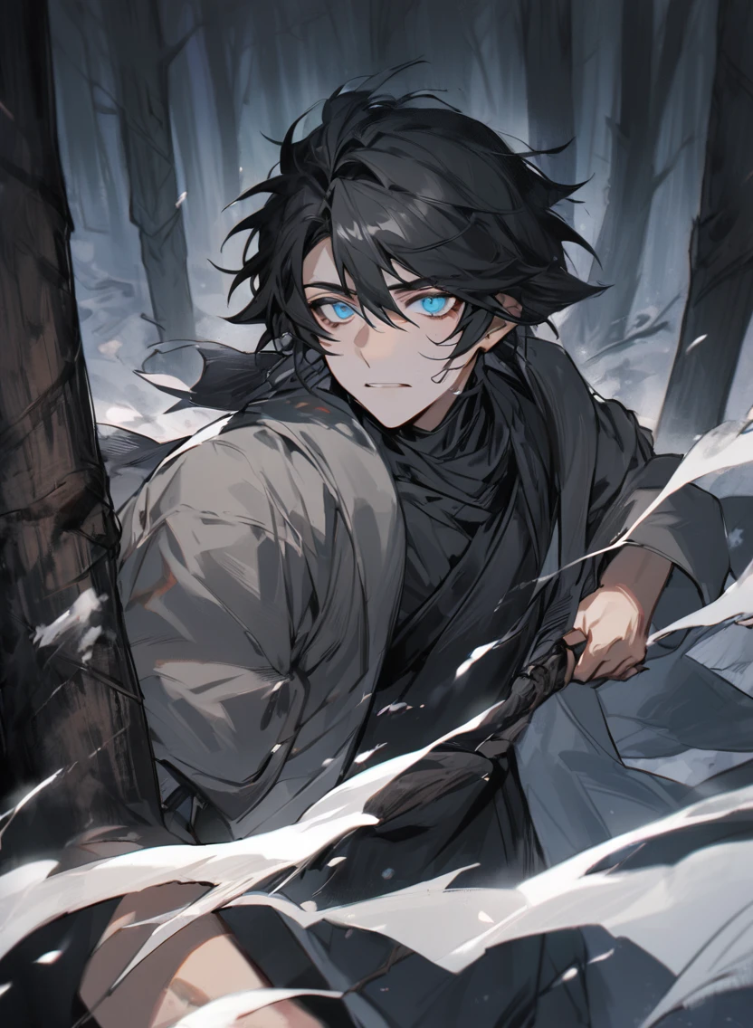 young man ,Male Dark, dark Woods, cold black colors, white eye, monk dnd, man black hair with blue eye