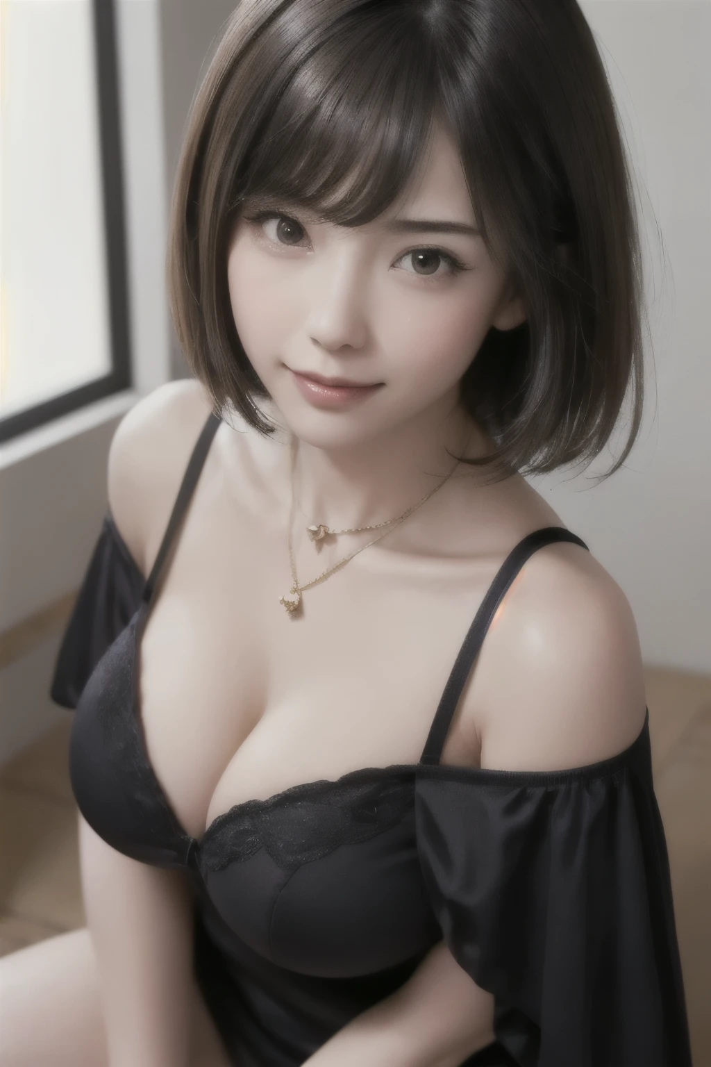 (Highest quality, 8k, masterpiece: 1.3), Beautiful woman with perfect figure: 1.4, Dark brown hair, big, Wearing a pendant, Torn shorts, Highly detailed face and skin, Detailed eyes, double eyelid, Highest quality, masterpiece, (Realistic: 1.4), One Woman, Golden Ratio, High angle shot, Looks classy, Low angle shot, Perfect Face, Beautiful appearance, Cute Face, Close-up face, Zoom in on face, Short Bob, short hair, smile from different angles, smile, Gloss, highlight, Glossy on skin, Glossy skin, Wet skin, Wet, bangs, cute smile, bust, Off the shoulder, Refreshing charm, elegant, Perfect hands, smile from angle, smile, Glossのある, highlight, Glossy skin, bangs, bust, big,{gigantic|big|huge|mega} breasts, cleavage、 clavicle, Warm Off the shoulder, Refreshing charm, Listen carefully, Looking into the camera, Pose at different angles, bright, bright場所, Window