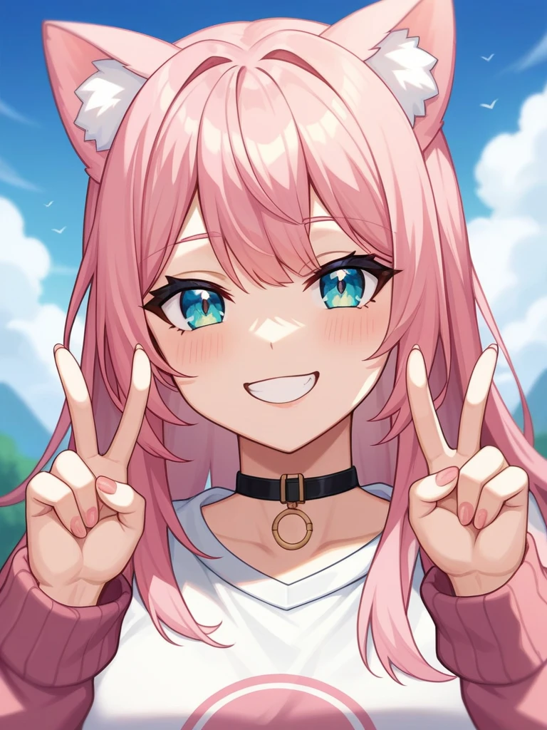 Adult, Female, long pink hair, oceanic eyes, winking, tongue out, vtuber, otaku bedroom, Masterpiece, Accurate, Anatomically Correct, Best Quality, High Details, Detail, Super Detailed, Best detail, Perfect detail, Amazing detail, [-3, 3], perfect fingers, perfect body, best body, amazing body, Looking at viewer, front facing, upper body shot, Cat Ears, Close-Up, 
