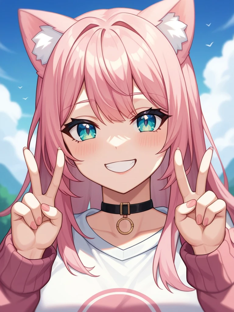 Adult, Female, long pink hair, oceanic eyes, winking, tongue out, vtuber, otaku bedroom, Masterpiece, Accurate, Anatomically Correct, Best Quality, High Details, Detail, Super Detailed, Best detail, Perfect detail, Amazing detail, [-3, 3], perfect fingers, perfect body, best body, amazing body, Looking at viewer, front facing, upper body shot, Cat Ears, Close-Up, 
