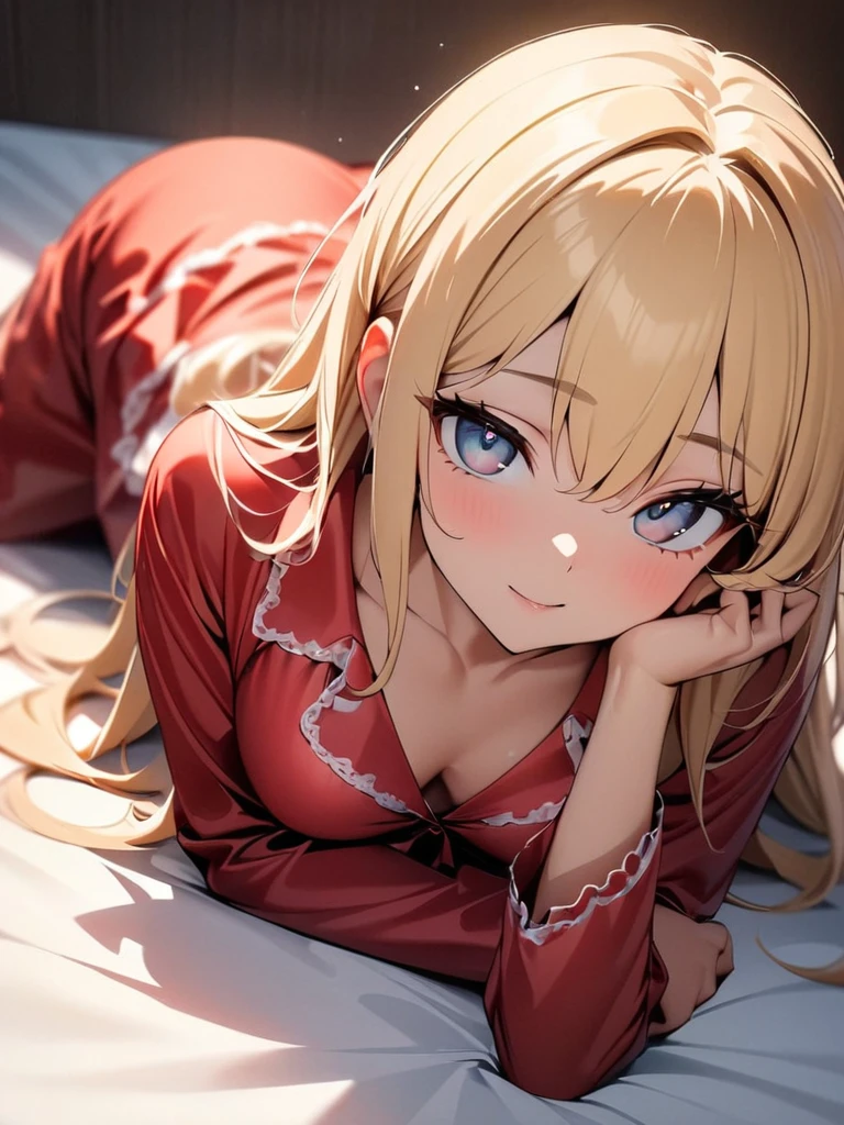 (High Quality, 8 K, 4K, High Contrast, Masterpiece: 1.2, Highest Quality, Best Aesthetics), 1 female, (real skin texture: 1.3), (film grain: 1.3), lovely sweet beautiful girl, solo, blonde hair, delicate beautiful face, lying on the bed, wearing red silk pajamas, pajamas smooth, warm colors, there is a refreshing touch. (Top Down Aerial), Masterpieces, Masterpieces by Masters, High Quality and High Resolution. A girl with beautiful delicate eyes and face, of the highest quality, sat on the edge of the bed, dressed in red lace-up pajamas, silk pajamas, delicate collarbones, and a medium sized chest.