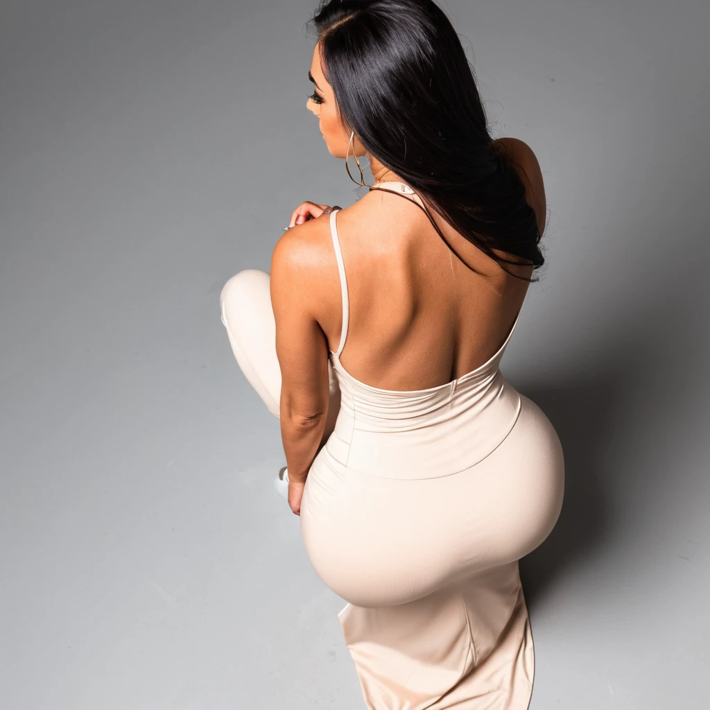 woman squatting in a maxi bodycon dress, top rear view angle