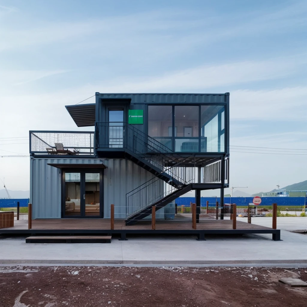 there is a small container building with a staircase and a balcony, shipping container house, modular, in style of norman foster, by Kanbun Master, by Simon Gaon, by Emma Andijewska, by Jakob Gauermann, front-view, a long-shot from front, by Matteo Pérez, by Randy Post, by Adam Manyoki