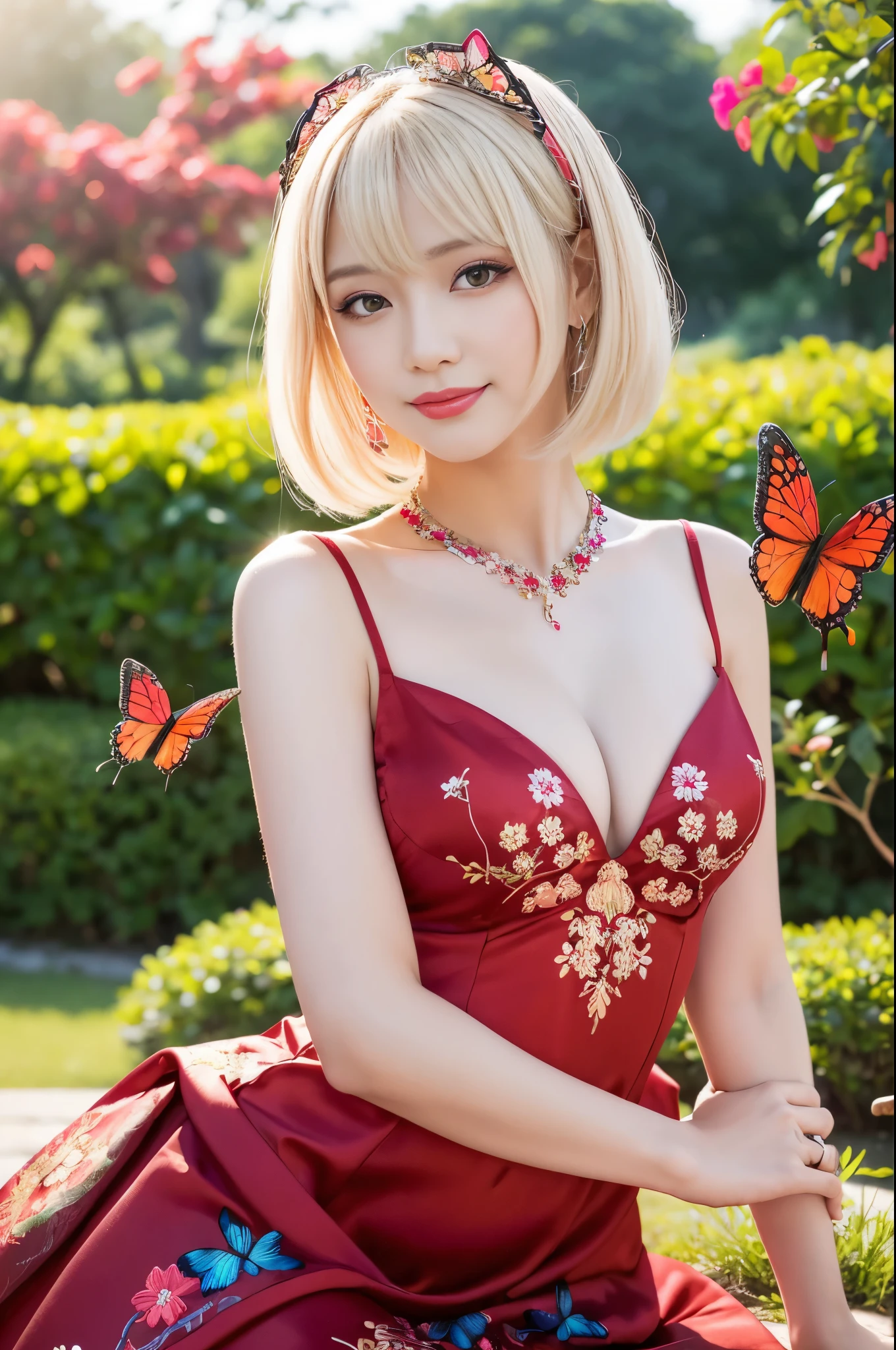 (masterpiece:1.4), (best quality:1.4), ultra high res, ultra high resolution, ((detailed facial features)), HDR, (realistic, photorealistic, photo-realistic:1.37), full body, sexy Vietnamese woman, (seductive smile), (slim girl), long lashes, multicolor metallic makeup, vivid colors, (multicolor platinum blonde very short hair), fair skin, elegant posture, wearing large sparkling colorful jewelery, wearing a red silk Paradise Kiss cosplay dress with black floral embroidery, multicolor butterflies, eastern setting, japanese park in background, lush garden, sunny, in focus, gentle sunlight shining, casting a soft glow on her face, adding warmth to the scene, vivid colors, showcasing her natural beauty and grace in a feminine way