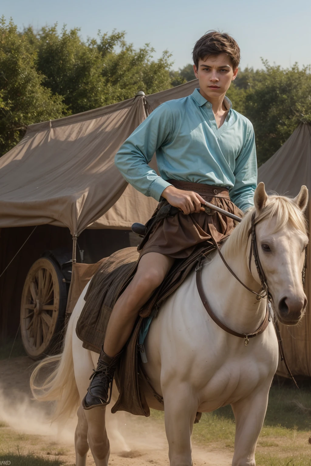 A cute 18-year-old twink male young man with makeup and black hair, wearing a medieval shirt with ties, a v-neck and long sleeves, the color aquamarine, and white medieval pants. He is on the battlefield, riding on a horse, as if the horse is galloping. He carries his sword and shield in his hand, and behind him are tents with a burning fire, and he looks angrily