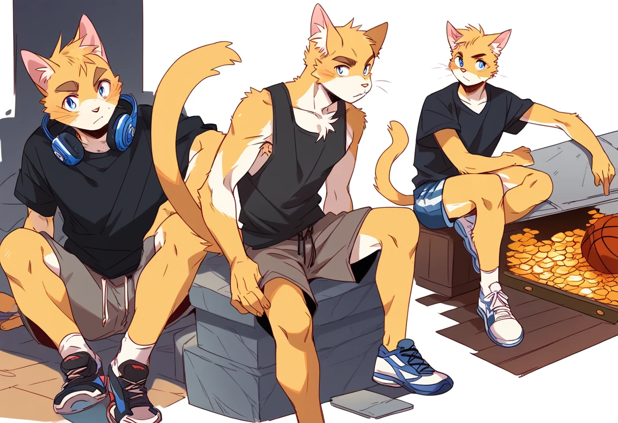score_9, score_8_up, score_7_up, male, furry, high quality, hires, anthro, teenager, 16 years old, domestic cat, basketball player, bright yellow fur, blue eyes, wide brown eyebrows, confidant expression, humanoid feet, slim body, prominent v-line, prominent abs, prominent legs, prominent forearm, prominent knees, white background, treasure trail, armpit hair, furry legs, in various sexy poses, headphones, casual clothes, joggers, black shirt, shorts, sitting, showing off, folded arms