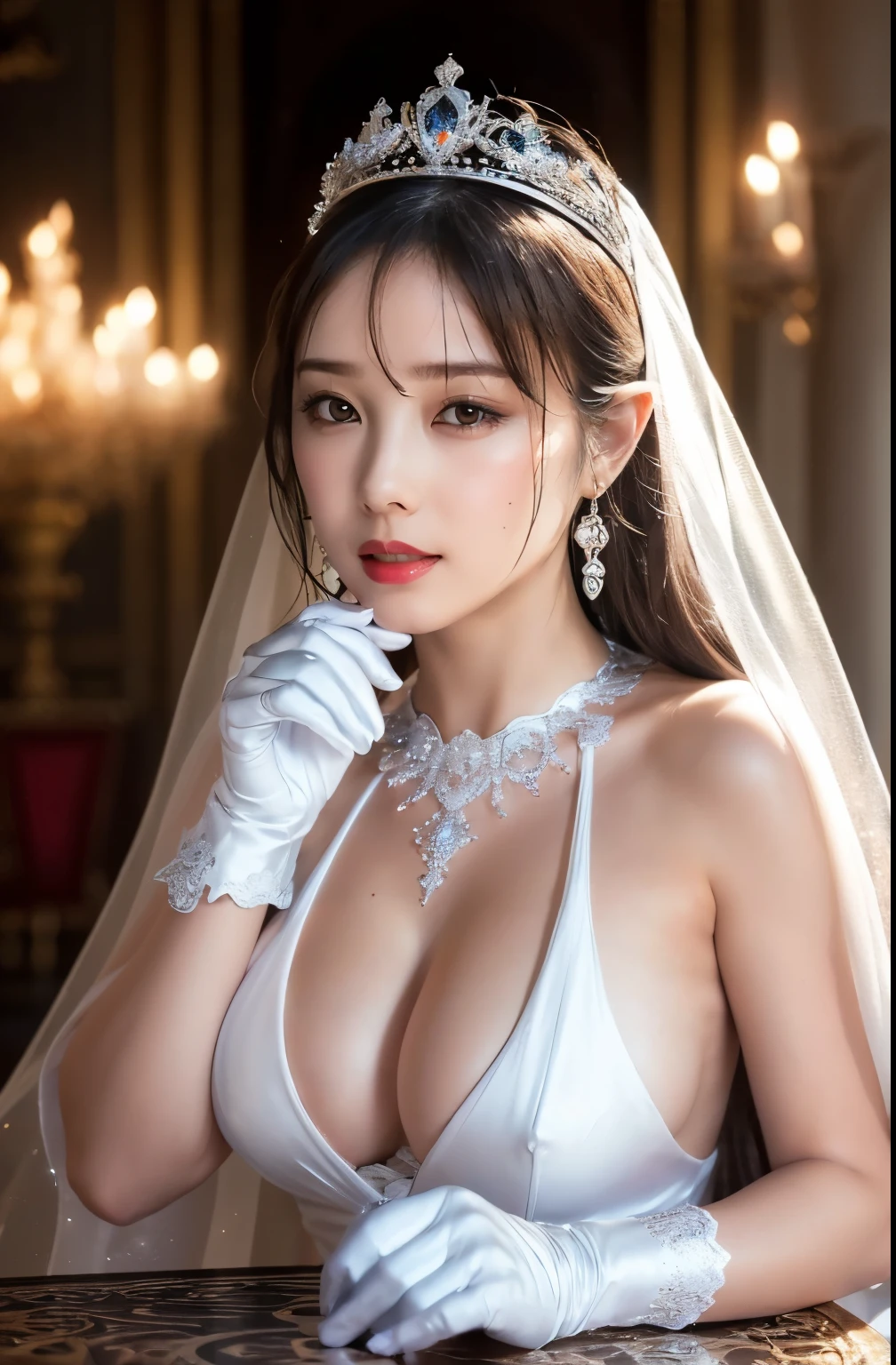 naked,Like the whole body," shape, small silver tiara, Transparent Cape, White gloves,Large Breasts,, Expose  , Perfect body, At the Palace, (Highest quality, 4K, 8k, High resolution, Tabletop:1.2), Very detailed, (Realistic, Realistic, Photorealistic:1.37), Royal, Enchanting, (Vibrant colors, Sharp Chest:1.1), Soft lighting"