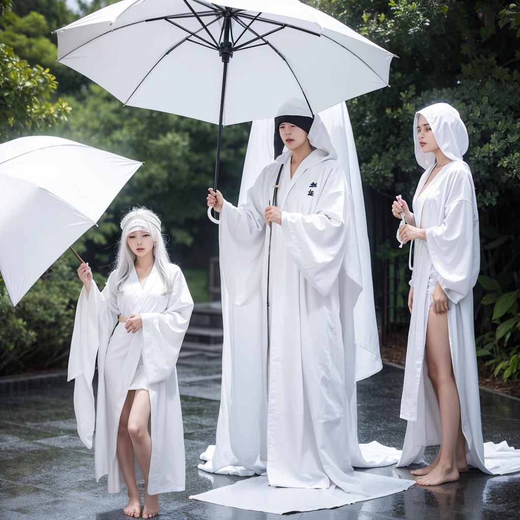 A girl in a white robe,The bottom of the white robe can touch the ground,Right,The hood of the white robe is worn on the head,White hair with waist length,Barefoot,Blindfolded with white cloth,Standing in the rain holding a black oil-paper umbrella