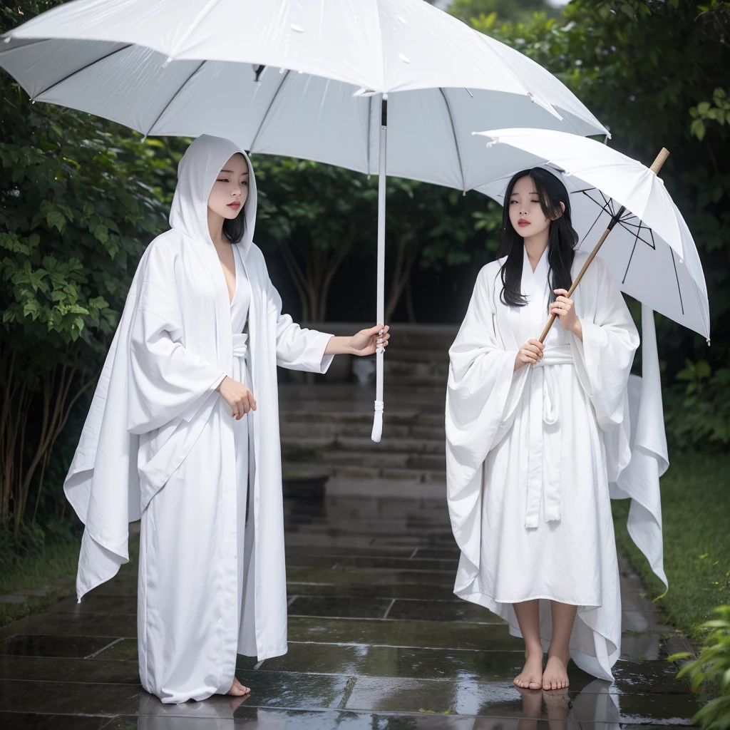 A girl in a white robe,The bottom of the white robe can touch the ground,Right,The hood of the white robe is worn on the head,White hair with waist length,Barefoot,Blindfolded with white cloth,Standing in the rain holding a black oil-paper umbrella