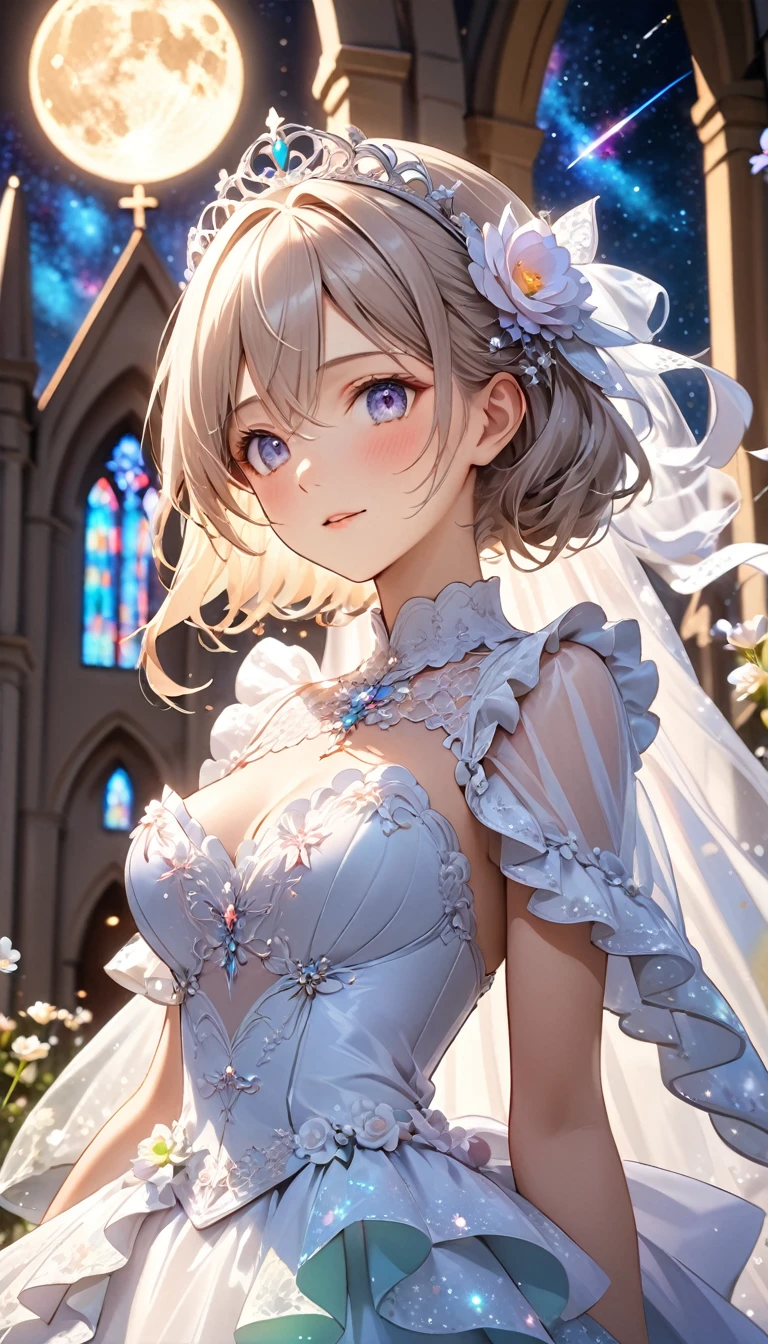 Highest quality, Great quality, 16K, Unbelievably absurd, Very detailed, 2.5D, delicate and dynamic, church, Brightly colored stained glass, Small faint lights and flying fireflies, night, Starry Sky, milky way, nebula, shooting star, Flowers, Wind and Moon, Very delicate facial expressions, Delicate eye depiction, Upper body close-up, erotic, Only sexy women, Healthy body shape, 22-year-old woman, bride, Height: 155cm, Large, firm, swaying bust, Colorful Tiaras, Long wedding dress with complex structure, Colorful long wedding dresses, See-through long ruffle wedding dress, Extra long cape from head