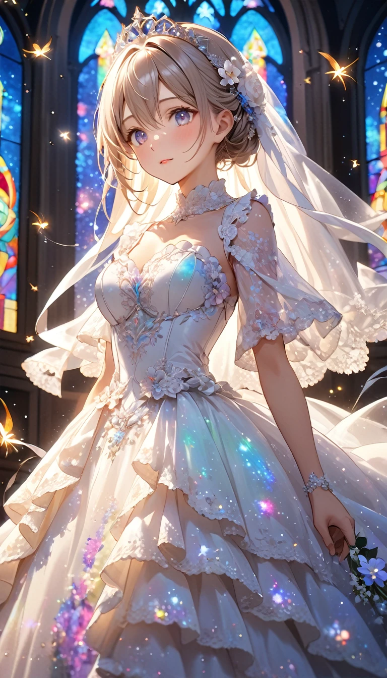 Highest quality, Great quality, 16K, Unbelievably absurd, Very detailed, 2.5D, delicate and dynamic, church, Brightly colored stained glass, Small faint lights and flying fireflies, night, Starry Sky, milky way, nebula, shooting star, Flowers, Wind and Moon, Very delicate facial expressions, Delicate eye depiction, Upper body close-up, ??????, Only sexy women, Healthy body shape, 22-year-old woman, bride, Height: 155cm, Large, firm, swaying bust, Colorful Tiaras, Long wedding dress with complex structure, Colorful long wedding dresses, See-through long ruffle wedding dress, Extra long cape from head