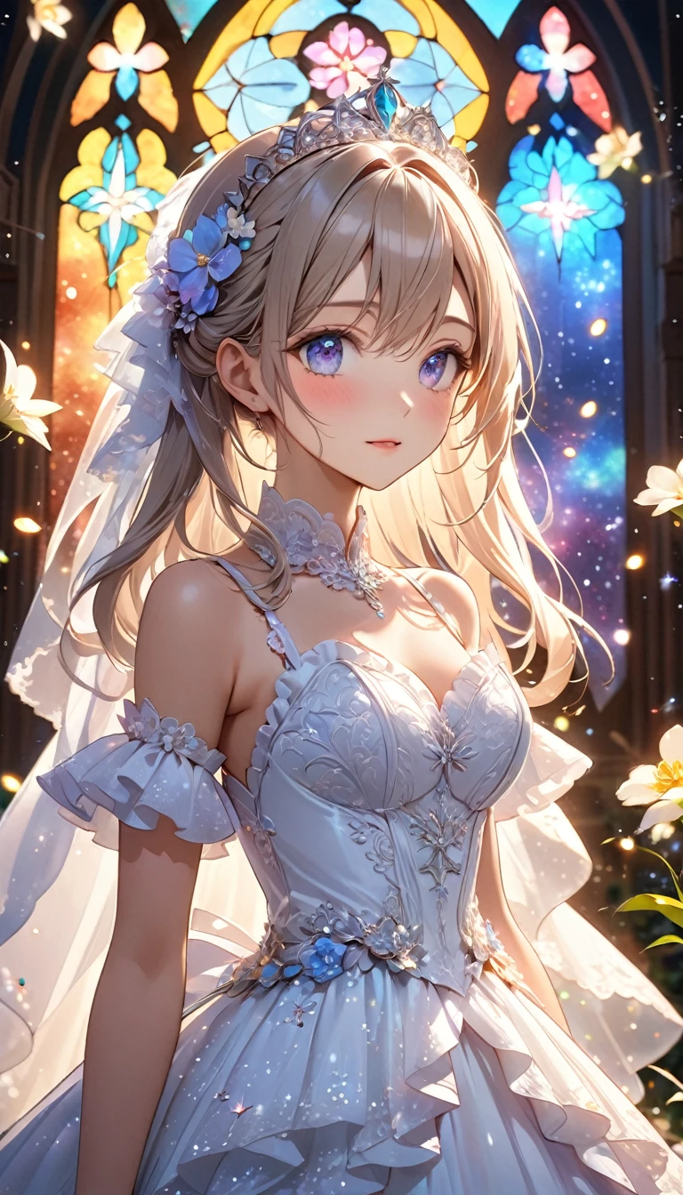 Highest quality, Great quality, 16K, Unbelievably absurd, Very detailed, 2.5D, delicate and dynamic, church, Brightly colored stained glass, Small faint lights and flying fireflies, night, Starry Sky, milky way, nebula, shooting star, Flowers, Wind and Moon, Very delicate facial expressions, Delicate eye depiction, Upper body close-up, erotic, Only sexy women, Healthy body shape, 22-year-old woman, bride, Height: 155cm, Large, firm, swaying bust, Colorful Tiaras, Long wedding dress with complex structure, Colorful long wedding dresses, See-through long ruffle wedding dress, Extra long cape from head