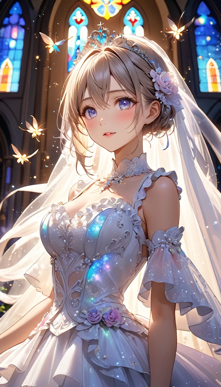 Highest quality, Great quality, 16K, Unbelievably absurd, Very detailed, 2.5D, delicate and dynamic, church, Brightly colored stained glass, Small faint lights and flying fireflies, night, Starry Sky, milky way, nebula, shooting star, Flowers, Wind and Moon, Very delicate facial expressions, Delicate eye depiction, Upper body close-up, erotic, Only sexy women, Healthy body shape, 22-year-old woman, bride, Height: 155cm, Large, firm, swaying bust, Colorful Tiaras, Long wedding dress with complex structure, Colorful long wedding dresses, See-through long ruffle wedding dress, Extra long cape from head