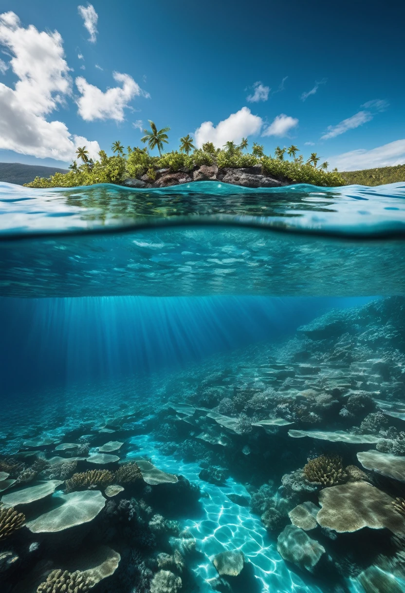 a split-level photo representing the theme of made from crystal, cs-cr1stal-v27-1000, Style of Audun Rikardsen, split-level photo, half underwater, half above water, crystal-clear water, vibrant marine life, dynamic surface texture, clear skyline, visible horizon, above-water clarity, underwater visibility