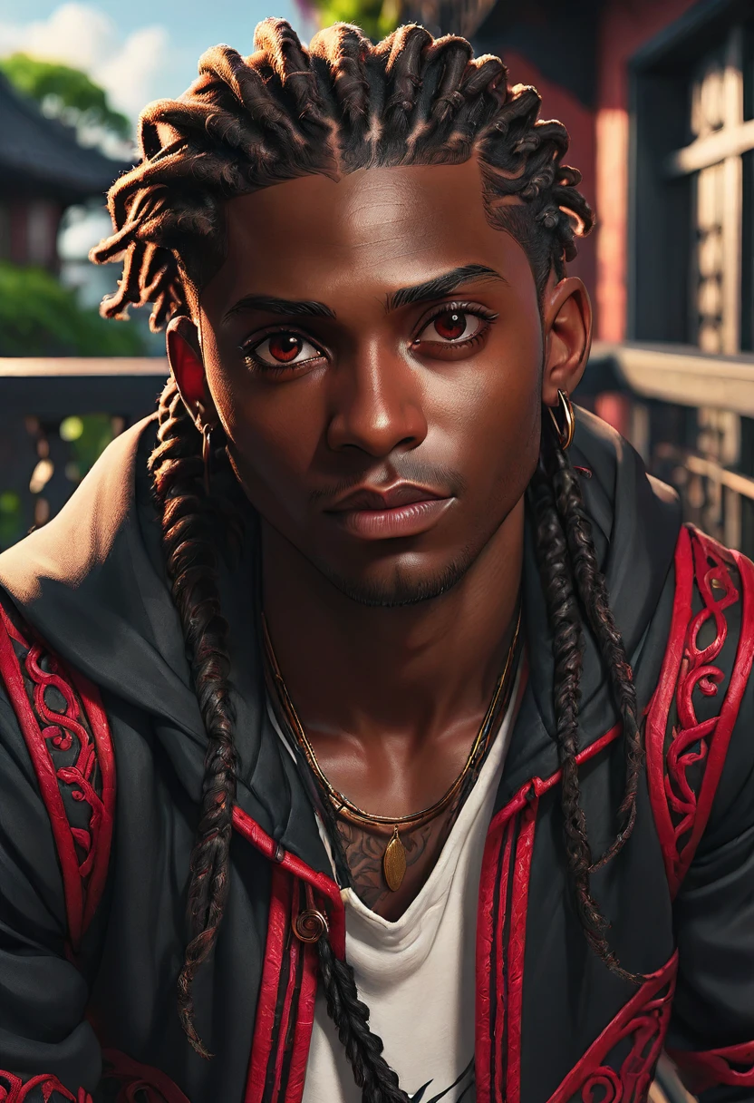 (masterpiece:1.2), (best quality), (ultra detailed), (8k, 4k, intricate),(half-body-shot:1), (highly detailed:1.2),(detailed background:1.2),((dark skin, handsome face,lips)) An close up of a person with dreadlocks on a balcony, handsome guy in demon slayer art, ( ( dark skin ) ), black anime male wearing black and white sport jacket, red shirt, long cornrows, brown eyes, 