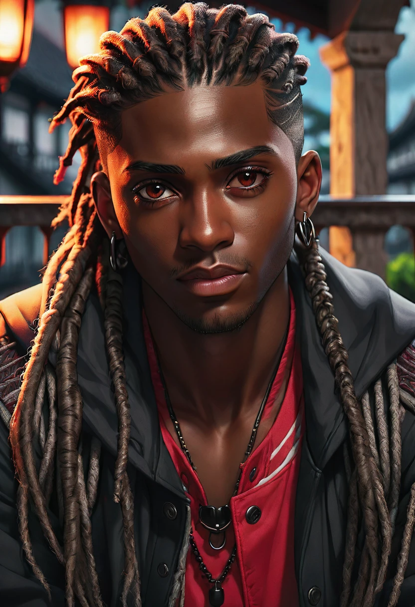 (masterpiece:1.2), (best quality), (ultra detailed), (8k, 4k, intricate),(half-body-shot:1), (highly detailed:1.2),(detailed background:1.2),((dark skin, handsome face,lips)) An close up of a person with dreadlocks on a balcony, handsome guy in demon slayer art, ( ( dark skin ) ), black anime male wearing black and white sport jacket, red shirt, long cornrows, brown eyes,
