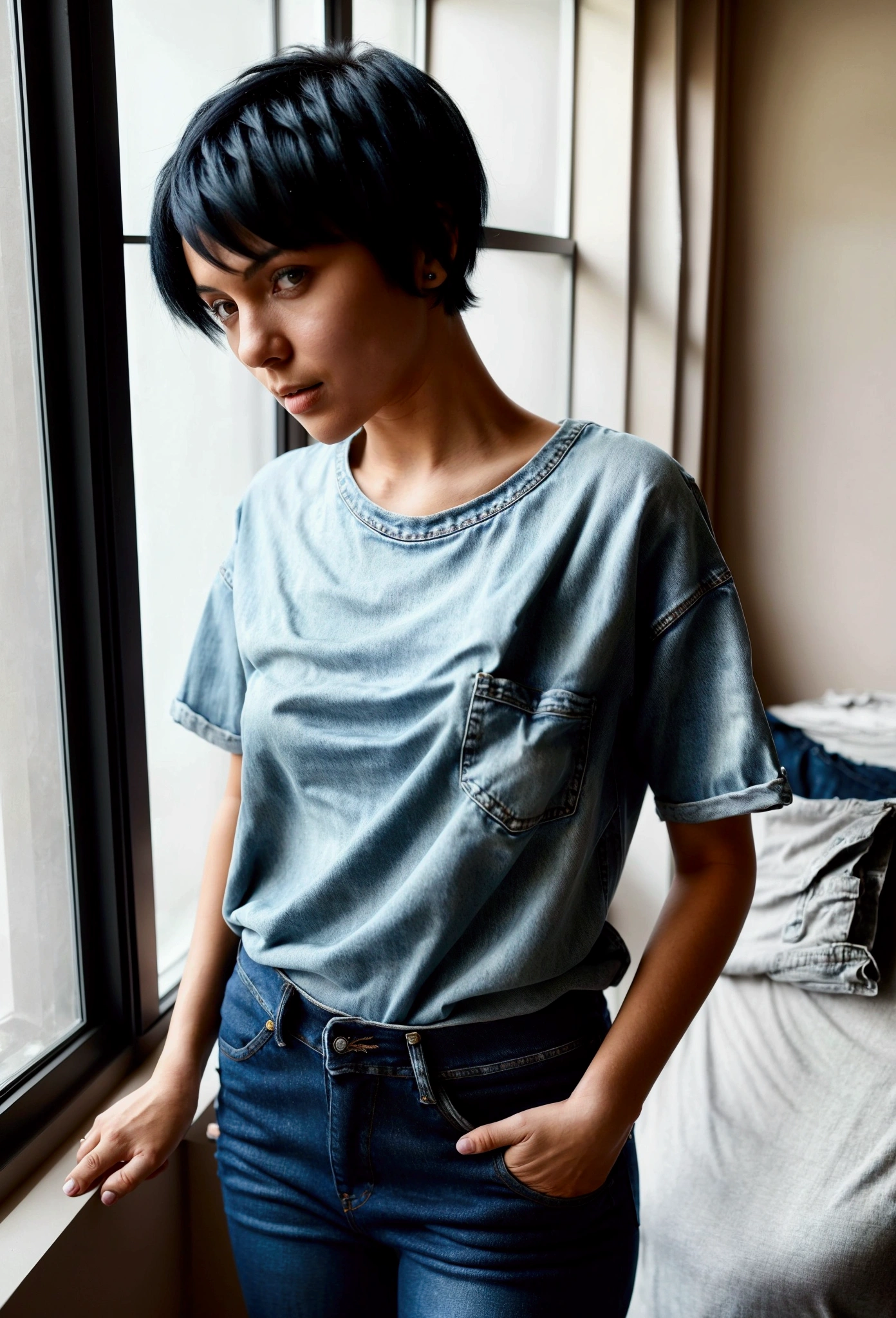 A woman with short black hair, dressed in a jean with a t-shirt that she wants to show off. ((capturing her entire body)) (hands in the pockets) She is in a bright, modern bedroom, with large windows that let in natural light.