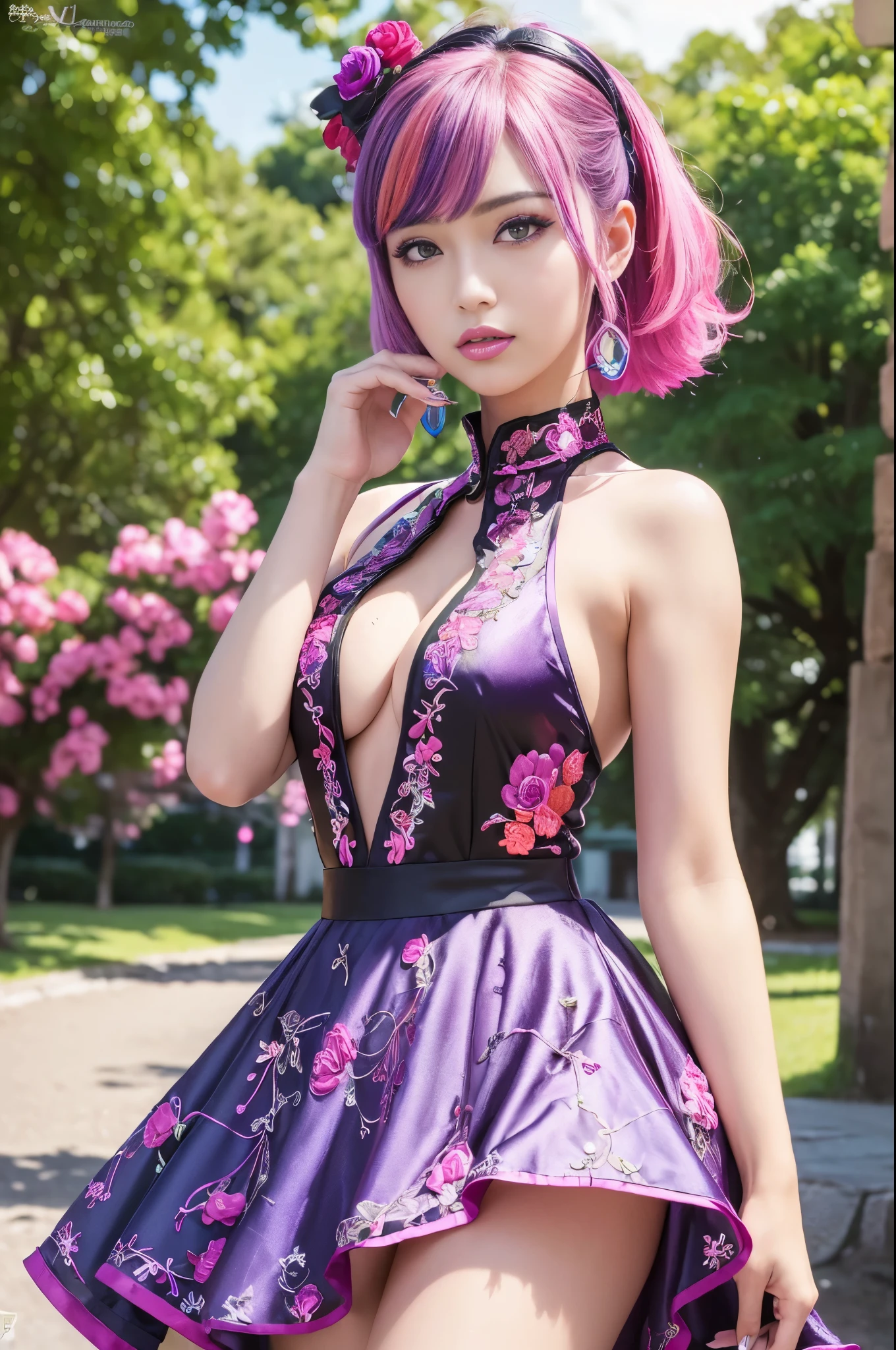 (masterpiece:1.4), (best quality:1.4), ultra high res, ultra high resolution, ((ultra detailed facial features)), HDR, (realistic, photorealistic, photo-realistic:1.37), full body Esbian, sexy Swedish model, (-anime), vivid colors, ((vivid colors multicolor (fuchsia, pink, light blue, purple) very short hair)), (seductive smile), ultra detailed metallic makeup, lip-gloss, long lashes, defined eyebrows, wearing large sparkling colorful jewelery, wearing a red silk Paradise Kiss cosplay dress with black floral embroidery, ((vivid colors outfit)), vivid colors, look at the camera, cinematic light, large park background with trees, sweet and sexy pose