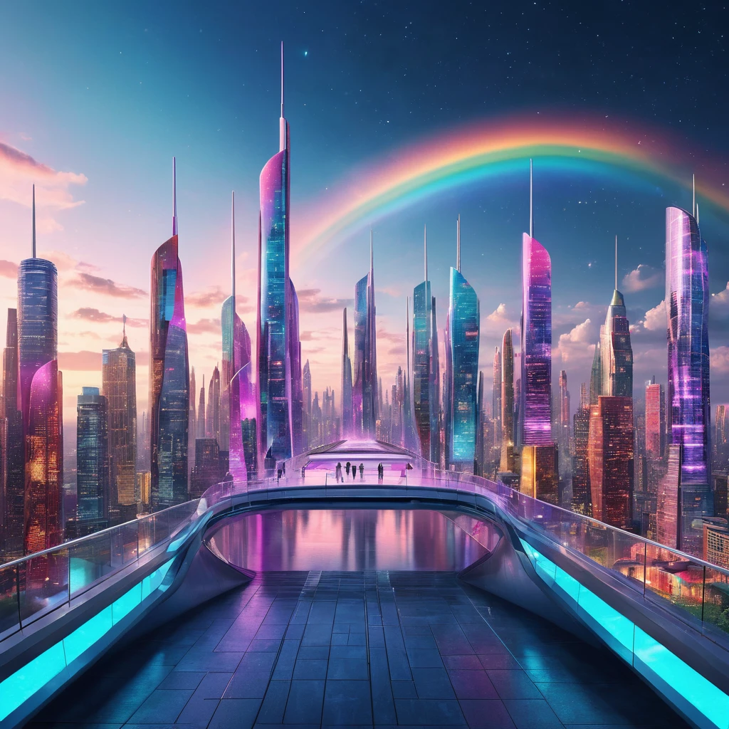 A captivating, high-resolution 3D render of the futuristic cityscape "NEUROSTOCKER 2024," where the limits of imagination are pushed to their extreme. The city is adorned with mesmerizing lollipop-shaped towers and candy-colored buildings, creating a fantastical and playful atmosphere. A shimmering rainbow river teems with life, reflecting the city's vibrant colors. The night sky is filled with twinkling stars, adding depth to the scene. Bold, modern typography displays the city's name, enhancing the futuristic aesthetic. A character is shown standing on a bridge, gazing at the breathtaking view. The combination of art, architecture, and storytelling elements creates an immersive, cinematic atmosphere that captivates the viewer and invites them to explore this, 3d render, photo, vibrant, typography, poster, cinematic, illustration, conceptual art, architecture